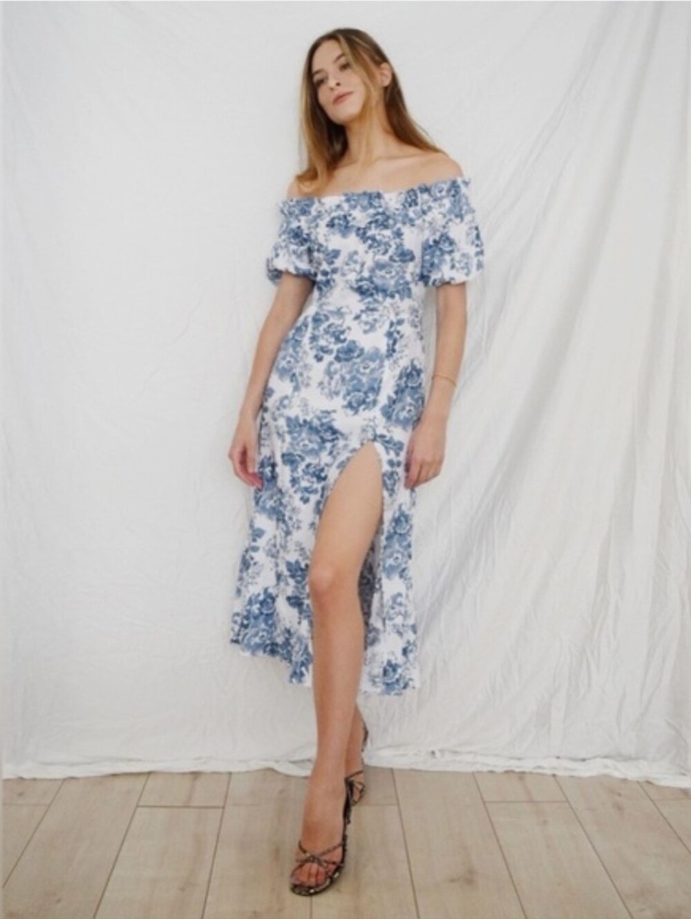 Reformation Blue Floral Off The Shoulder Marley Linen Midi Dress in Olympia